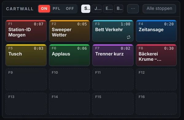 Cartwall mit acht belegten, farbigen Tasten von F1 Station-ID bis F8 Werbespot, jeweils mit Laufzeit.