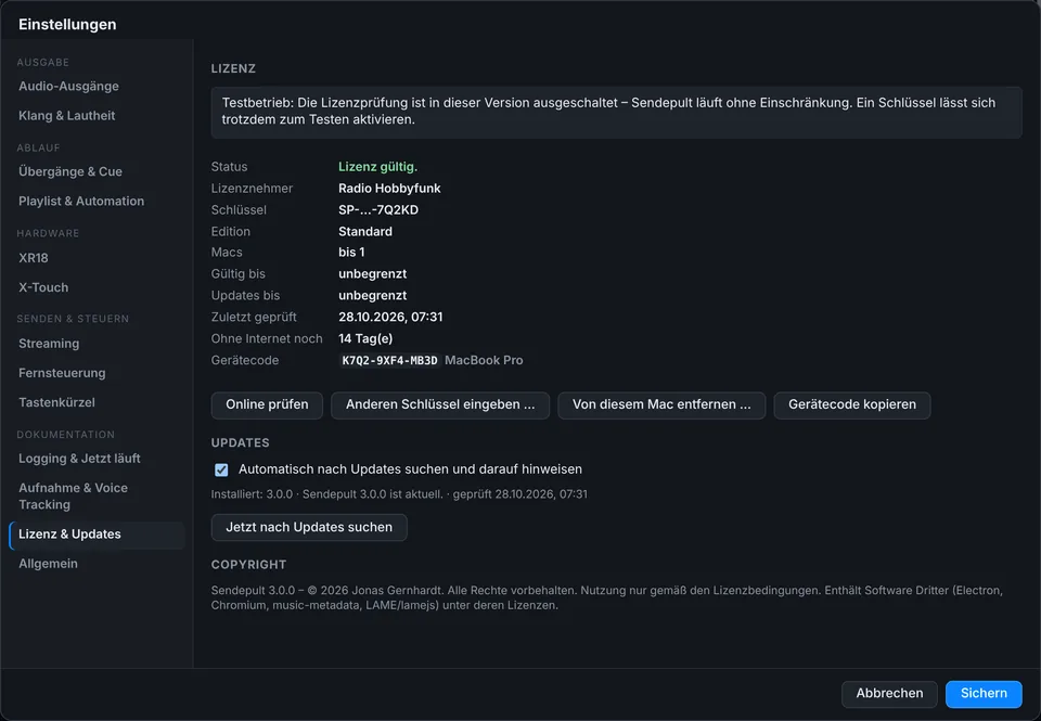 Einstellungen, Reiter „Lizenz & Updates“: Status „Lizenz gültig“, Edition Standard, Gerätecode des Macs, darunter die Option, automatisch nach Updates zu suchen.