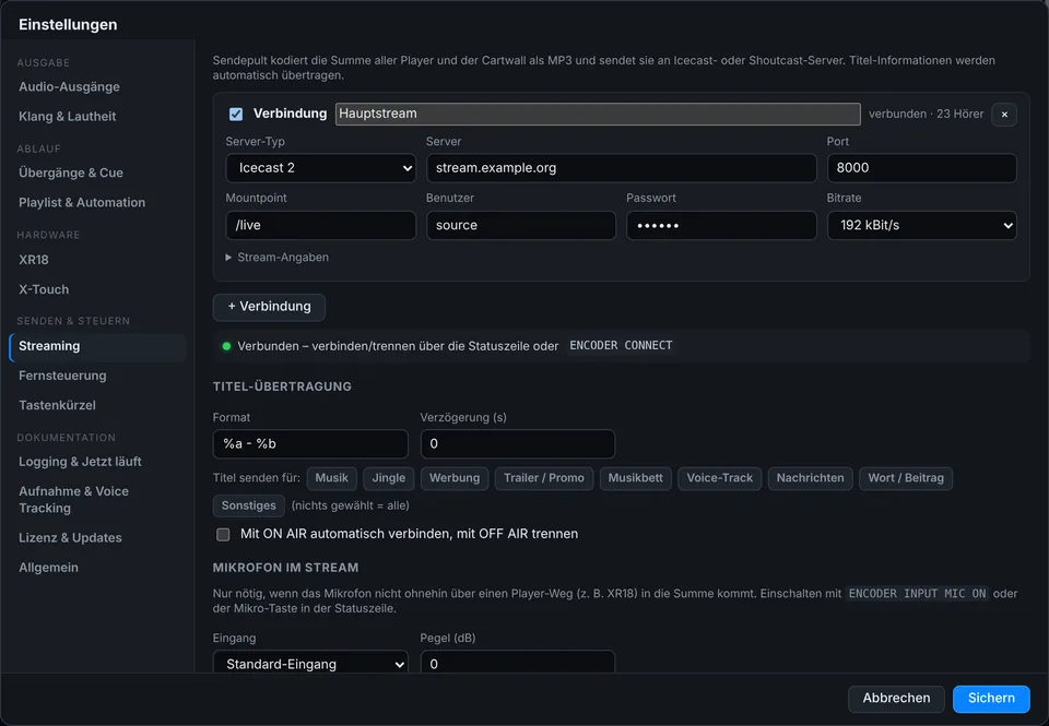 Einstellungen für Streaming: Icecast-2-Verbindung mit Server, Port, Mountpoint und 192 kBit/s, Status „verbunden – 23 Hörer“, darunter Titel-Übertragung und Mikrofon im Stream.